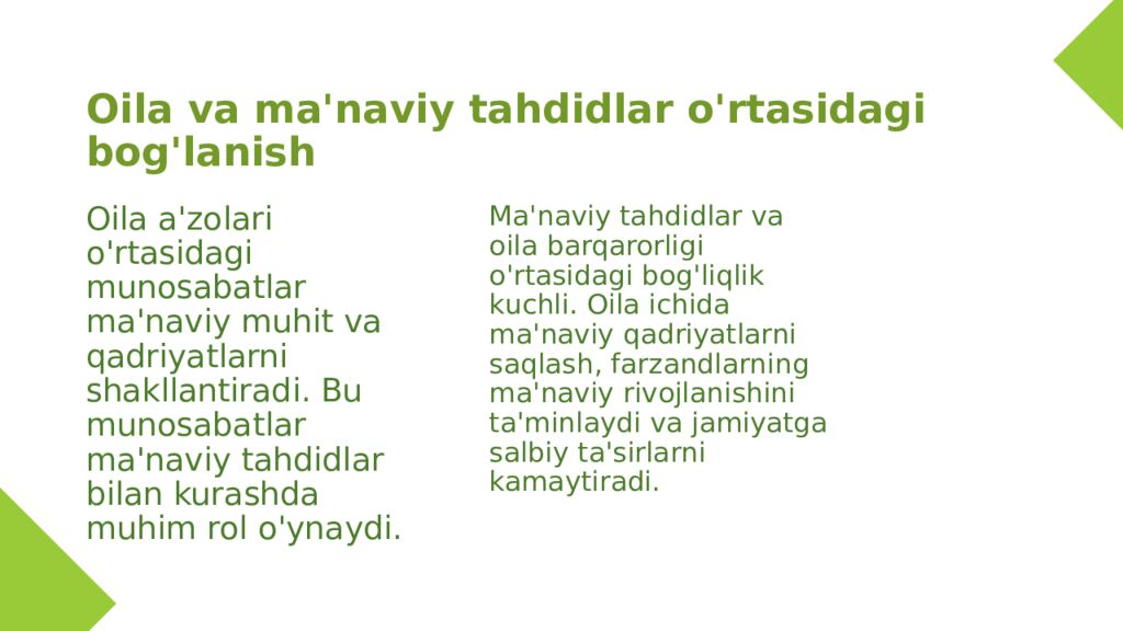 Oila va ma'naviy tahdidlar o'rtasidagi bog'lanish