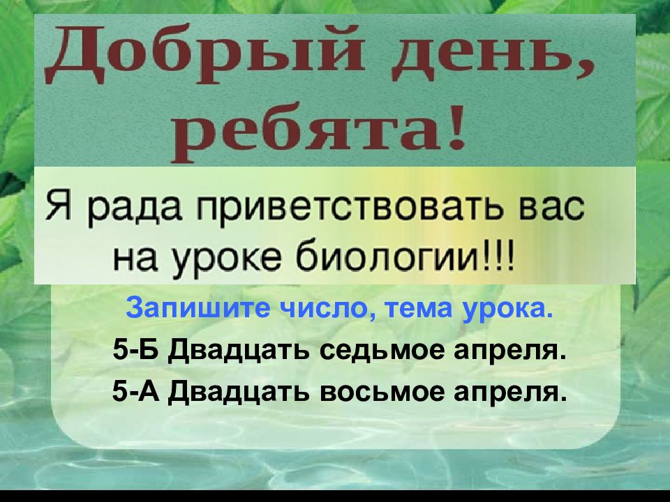 Запишите число, тема урока. 5-Б Двадцать седьмое апреля. 5-А Двадцать восьмое