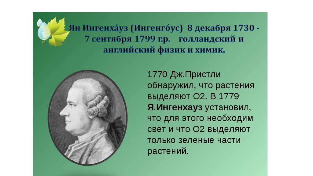 Декабрь 1730. Ян Ингенхауз (1730 – 1799 гг.) опыты. Ян Ингенхауз (1730 – 1799 гг.). Джозеф Пристли и Ян Ингенхауз. Пристли вклад в биологию.