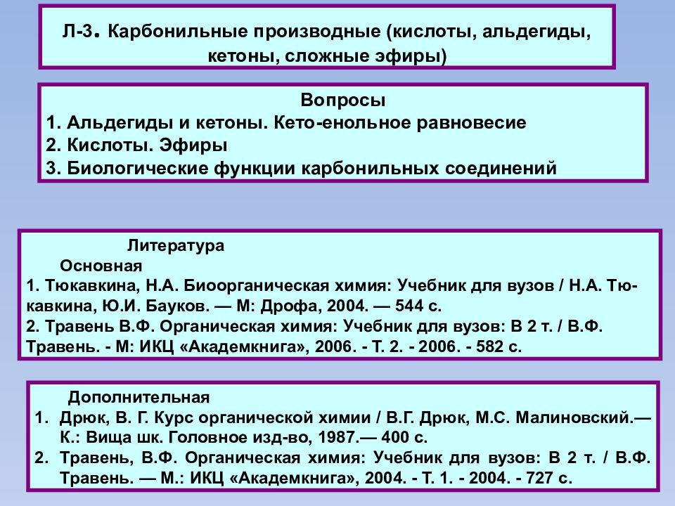 Л-3. Карбонильные производные (кислоты, альдегиды, кетоны, сложные эфиры)