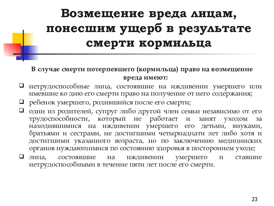 Возмещение вреда здоровью. Возмещение вреда лицам, понесшим ущерб в результате смерти кормильца. Общие положения о возмещении вреда. Возмещение вреда причиненного смертью кормильца презентация. Лица имеющие право на возмещение вреда по случаю потери кормильца.