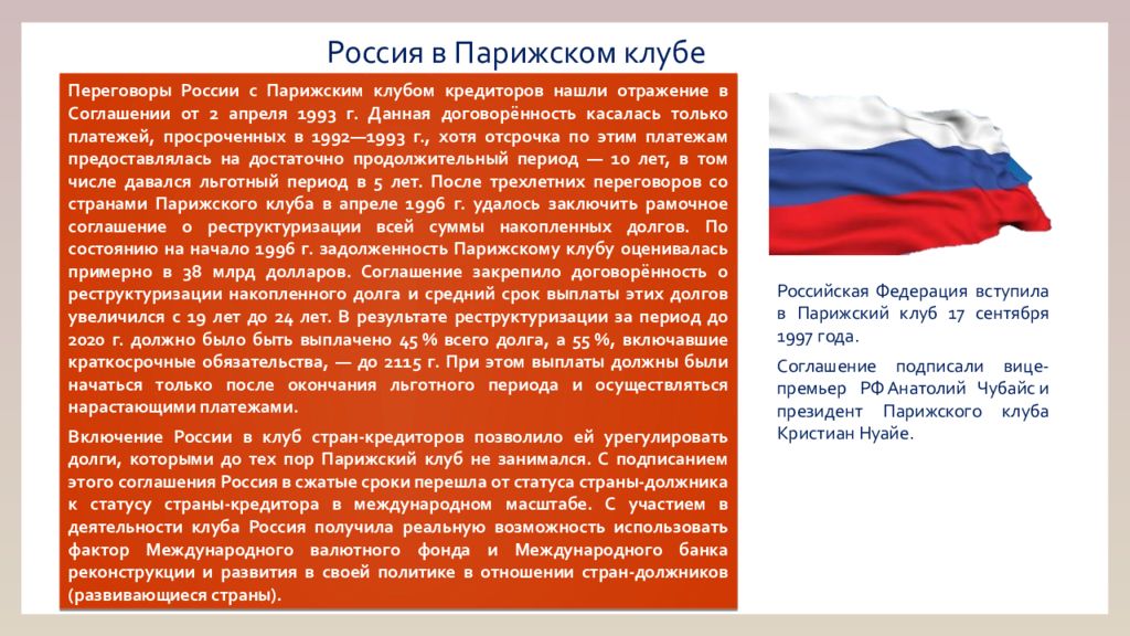 Долг парижскому клубу. Парижский клуб кредиторов и Россия. Россия вступает в Парижский клуб кредиторов в:. Парижский и Лондонский клубы кредиторов.