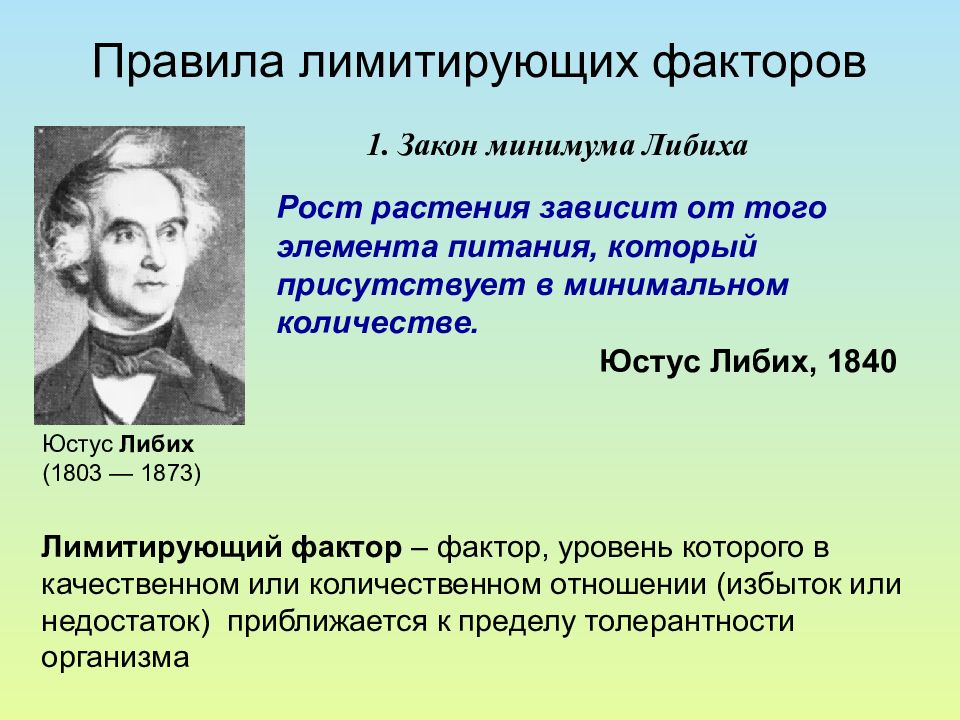 Объясни закон. Юстус Либих 1840. Закон лимитирующего фактора Либиха. Юстус Либих лимитирующий фактор. Юстус Либих ограничивающий фактор.