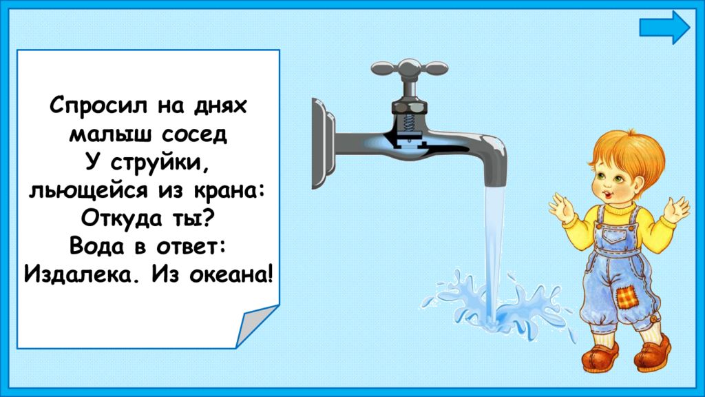 Пришла в наши дома вода. Спросил на днях малыш-сосед у струйки льющейся из крана. Вода пришла. Карточка открыть кран. Ответ вода.