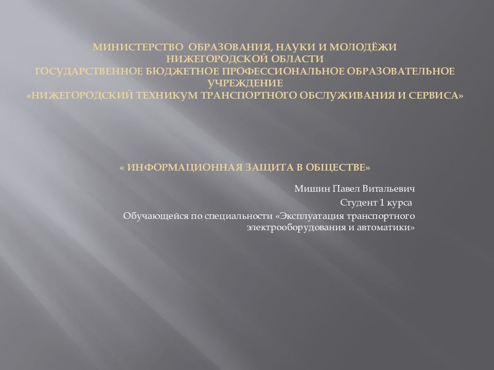 М инистерство образования, науки и молодёжи нижегородской области государственное бюджетное профессиональное образовательное учреждение «нижегородский техникум