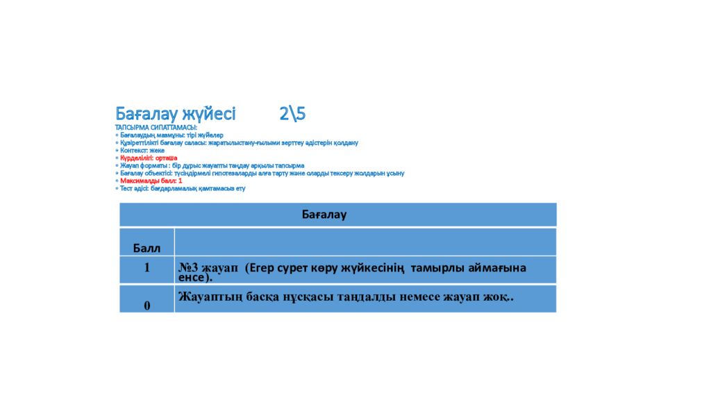 Бағалау жүйесі 2\5 ТАПСЫРМА СИПАТТАМАСЫ: • Бағалаудың мазмұны: тірі жүйелер • Құзіреттілікті бағалау саласы: жаратылыстану-ғылыми зерттеу әдістерін қолдану •