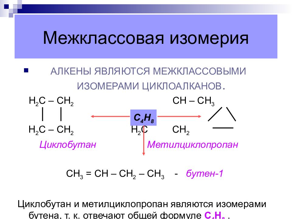 Бутан бутен 1 бутен 2 циклобутан. Изомеры циклобутана. Межклассовая изомерия с4н8о. Межклассовая изомерия бутена 2. Изомеры метилциклопропана.