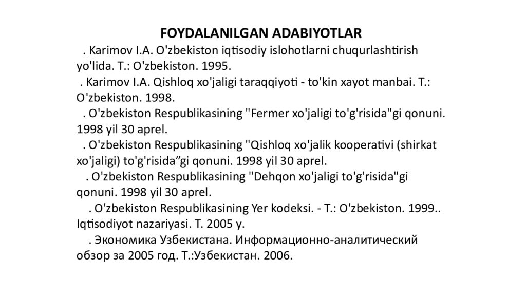 Agrar islohotlarni amalga oshirishning asosiy
y o’nalishlari
Bajardi : Agrar islohotlarni amalga oshirishning asosiy y o’nalishlari Bajardi :