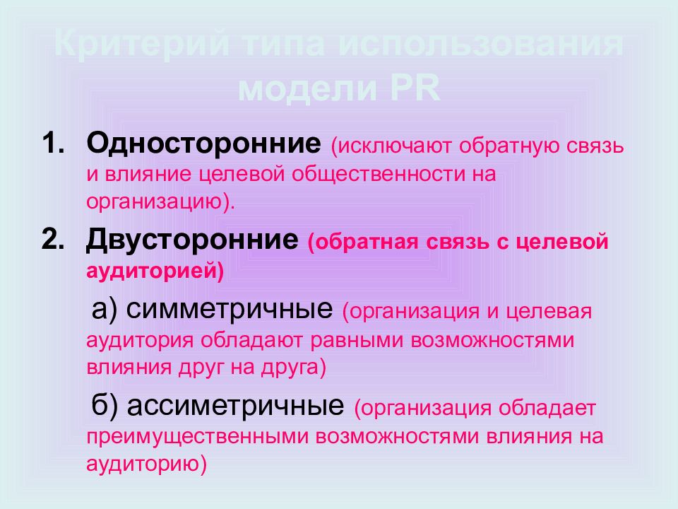 Тип применения. Типология PR кампании. Типология групп общественности. Целевые аудитории. Двусторонняя симметричная пиар модель. Однонаправленная модель PR.