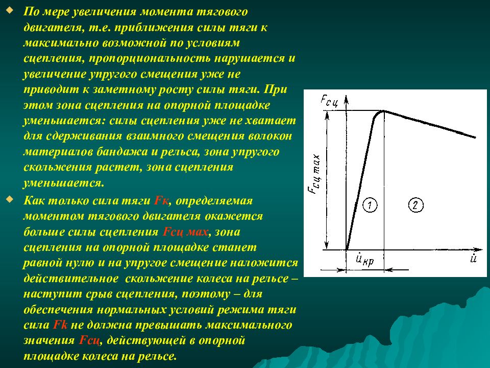 Рост момент. Ограничение силы тяги по условиям сцепления. Силы тяги по условиям сцепления рельса и колеса. Упругое смещение. Реализация силы тяги.