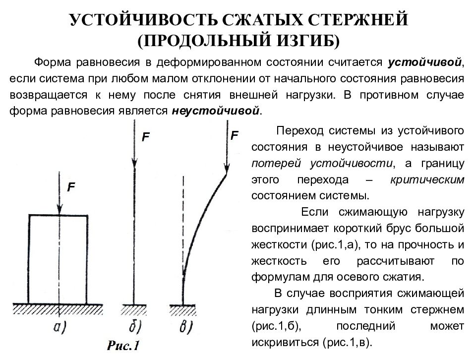 Продольное сжатие. Устойчивость сжатых стержней продольный изгиб. Устойчивость продольно сжатого стержня. Понятие об устойчивости сжатых стержней. Явление потери устойчивости сжатого стержня.