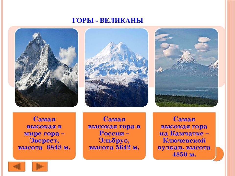 Какие из перечисленных гор. Презентация формы земной поверхности. Горы и их высота. Горы России и их высота. Название гор в России.