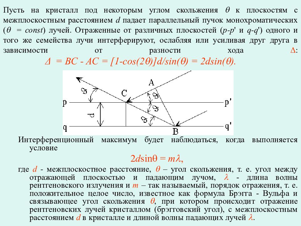 Отражаемое отражающая система. Закон Вульфа Брэгга. Межплоскостное расстояние формула. Угол скольжения рентгеновских лучей. Угол скольжения лучей.