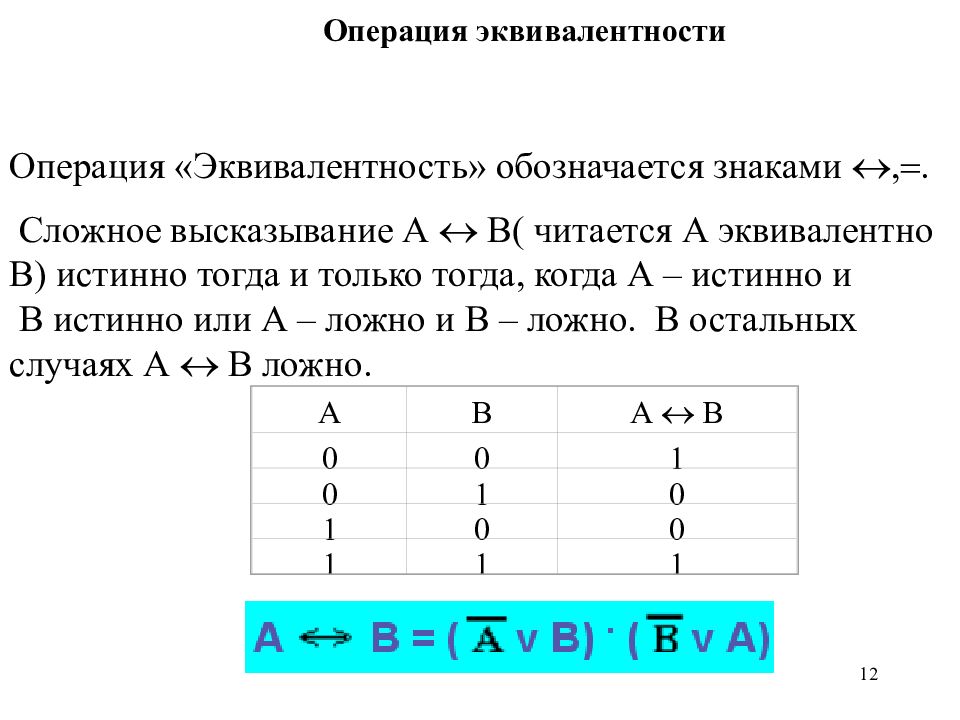 12 операций. Эквивалентность логическая операция. Эквивалентность логическая операция формула. Логические функции эквивалентность. Операции алгебры логики эквивалентность.