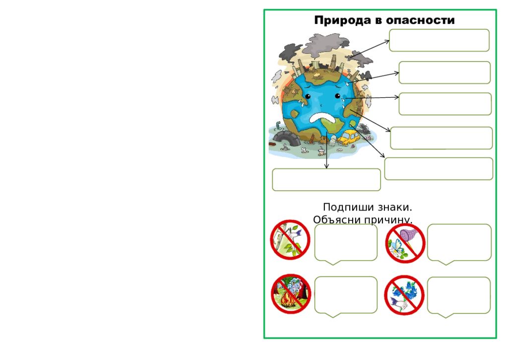 Природа в опасности Подпиши знаки. Объясни причину