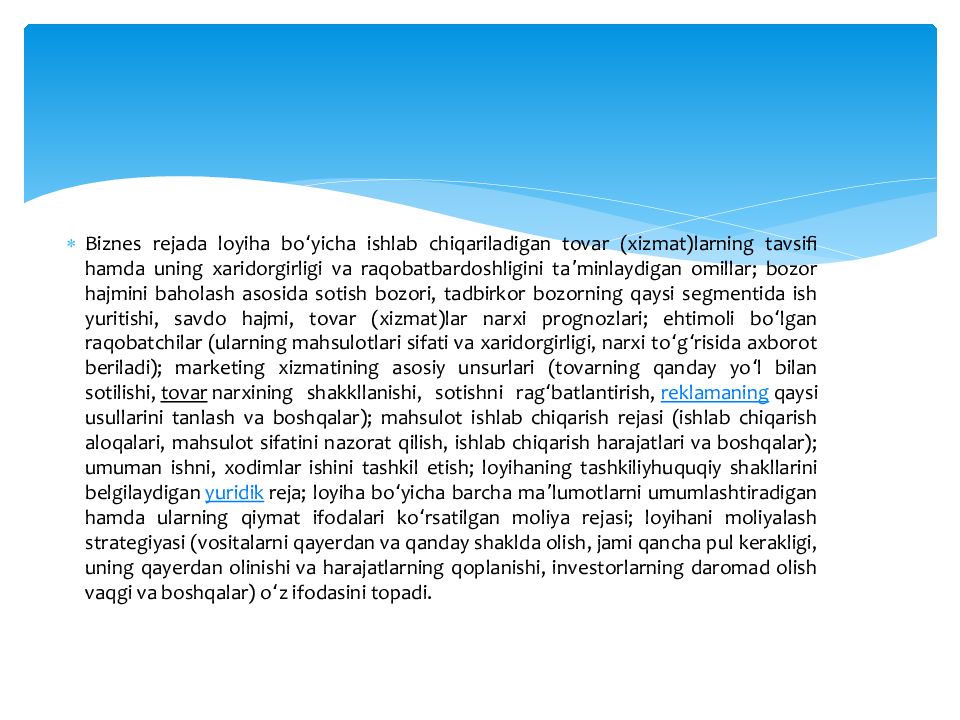 Biznes reja, uning bo‘limlari va mazmuni Biznes reja, uning bo‘limlari va mazmuni