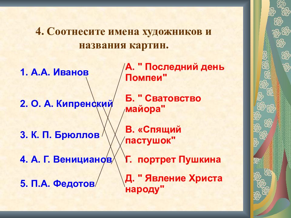 Соотнесите имена князей и события. Соотнесите имена художников и их картин. Cjnytcnb yfpdfybt 'GJ[B C jhbcfybtv b rjvgjpbnjhfvb.