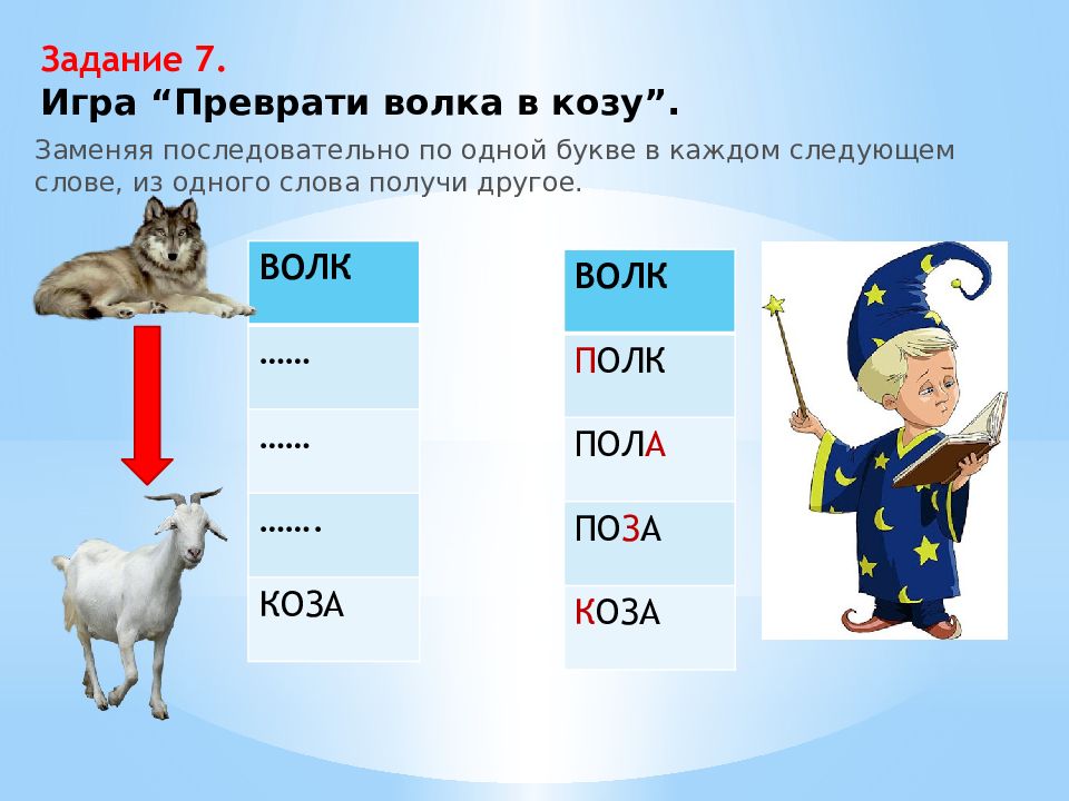 Волк какое слово. Преврати козу в волка. Преврати козу в волка меняя одну букву. Превратите одно слово в. Как козу превратить в волка.