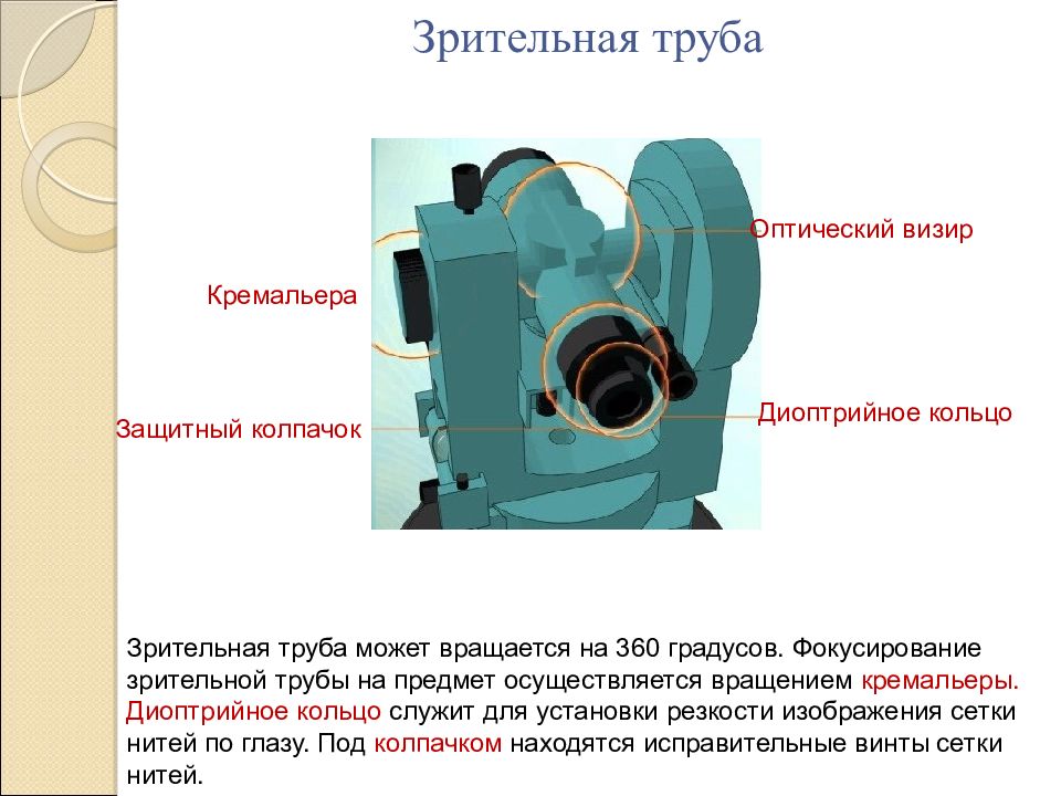 Резкое изображение наблюдаемого предмета в теодолите устанавливается с помощью