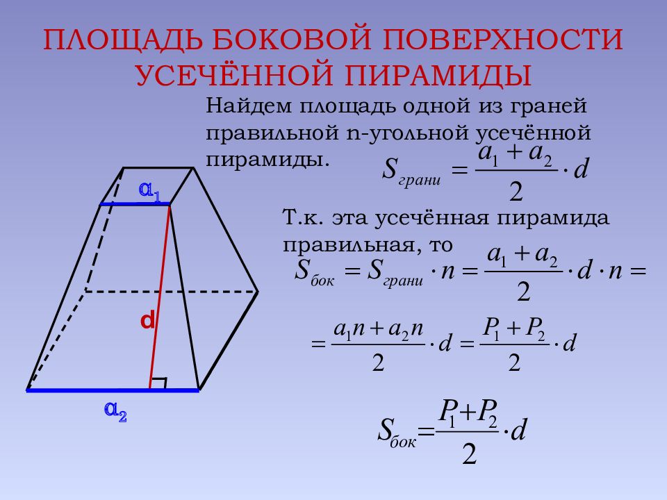 Как найти площадь боковой грани пирамиды. Апофема усеченной пирамиды формула. Правильная усеченная пирамида боковая площадь. Площадь поверхности правильной усеченной пирамиды. Усеченная пирамида площадь поверхности.