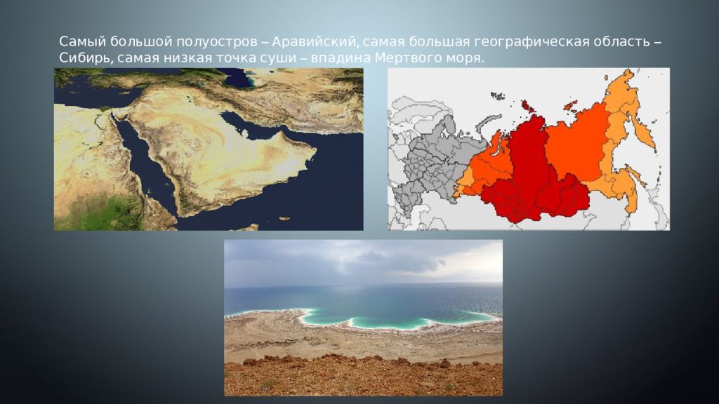 Самый крупный географический комплекс на земле. Самый большой полуостров. Самый крупнейший полуостров Евразии. Самая низкая точка суши впадина мёртвого моря.