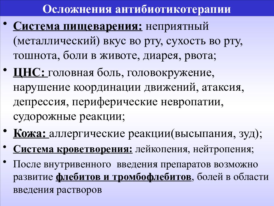 Тошнота во рту. Осложнения антибиотикотерапии. Осложнения антибактериальной терапии. Последствия антибиотикотерапии. Профилактика осложнений при антибиотикотерапии.