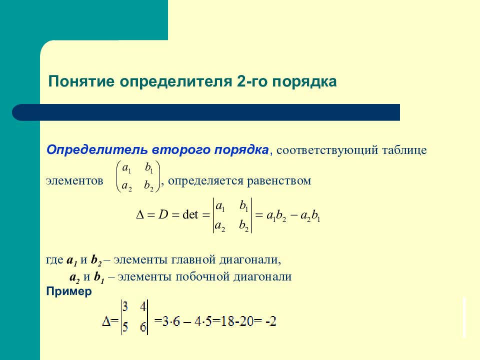 Элементы второго порядка. Понятие определителя. Определители основные понятия. Критерий равенства нулю определителя. Понятие определителя 2 порядка.