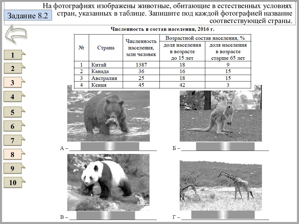 Запишите в естественной форме. Количество животных в каждой стране. В какой стране из указанных таблиц сделана представленная фотография. Что изображено на фотографиях запишите соответствующие сведения. География 9 класс искуства какова вида изображена на снимка.