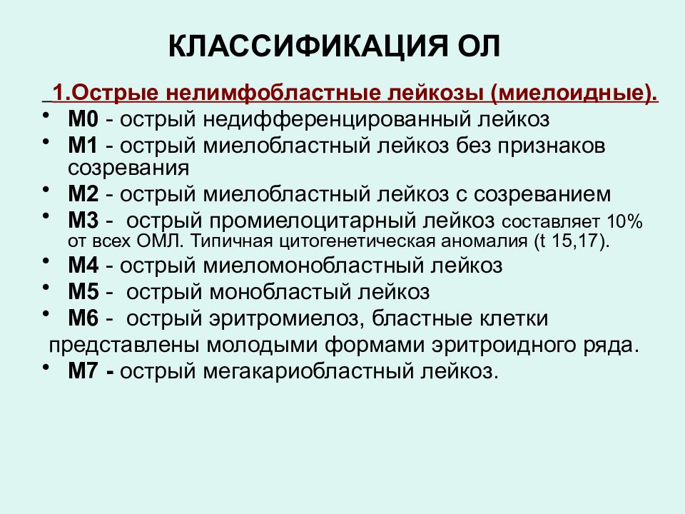 Типы острых лейкозов. Классификация острых лейкозов. Острый миелоидный лейкоз классификация.