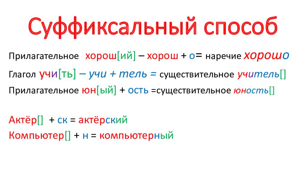 Примеры суффиксального способа. Суффиксальный способ словообразования. Суффиксальный способ прилагательных. Суффиксальный способ глаголов. Суффиксальный способ образования прилагательных.