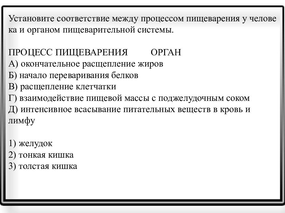 Установите соответствие процессов и их характеристики. Установите соответствие процесс пищеварения. Установите соответствие особенности пищеварения