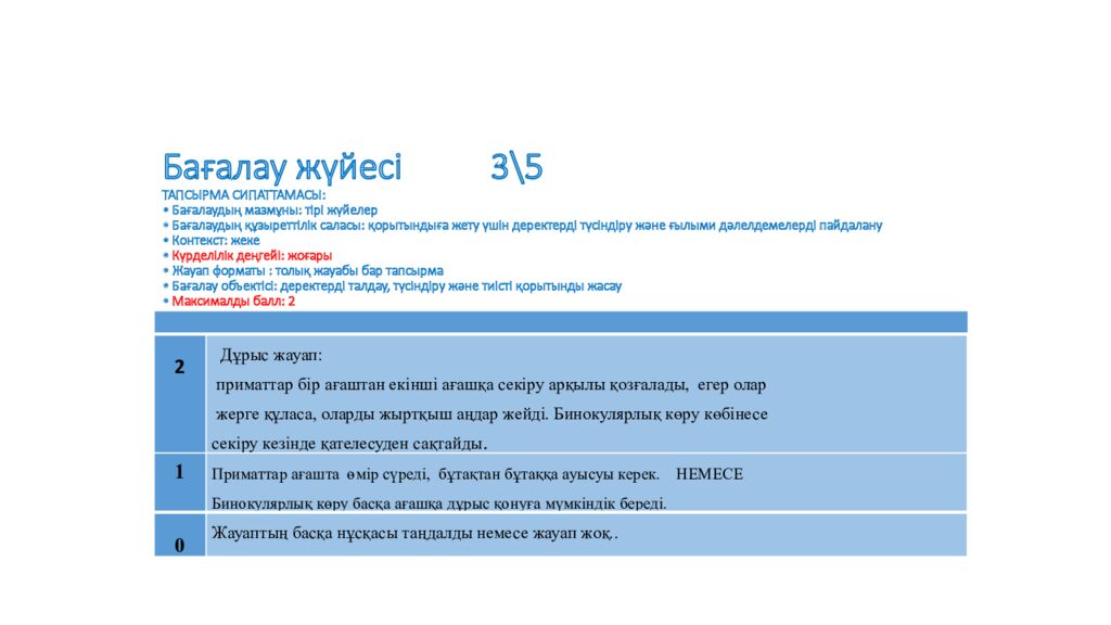 Бағалау жүйесі 3 \5 ТАПСЫРМА СИПАТТАМАСЫ: • Бағалаудың мазмұны: тірі жүйелер • Бағалаудың құзыреттілік саласы: қорытындыға жету үшін деректерді түсіндіру және