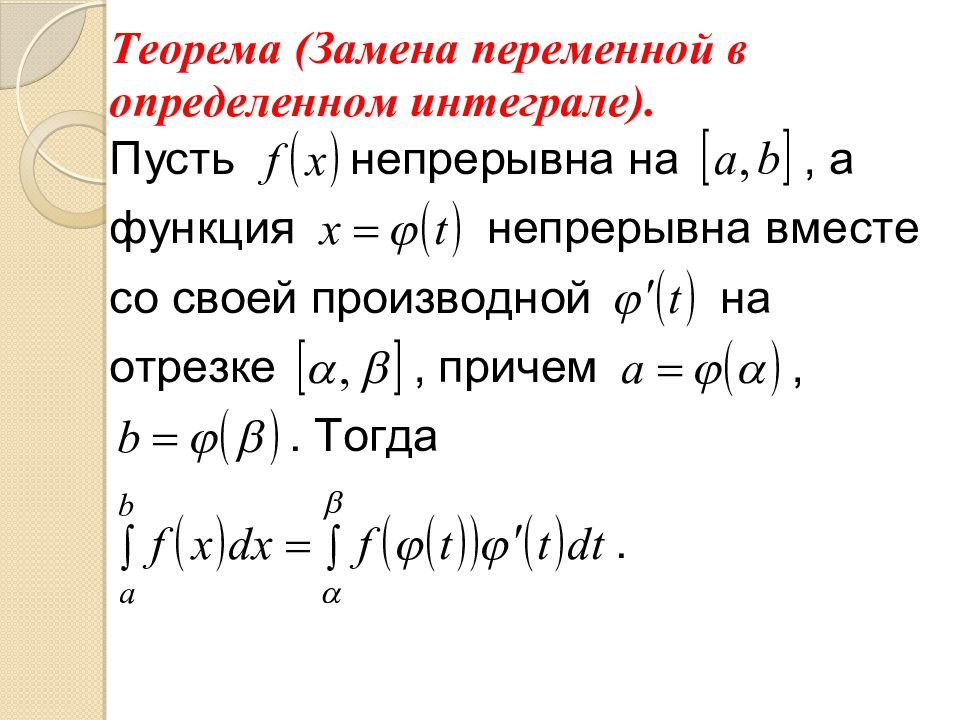 Теорема интегралов. Интегрирование методом замены переменной определенного интеграла. Метод замены интегралов формула. Теорема о замене переменной в определенном интеграле. Формула замены переменной в определенном интеграле.