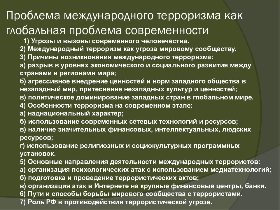 Проблема международного терроризма как глобальная проблема современности презентация