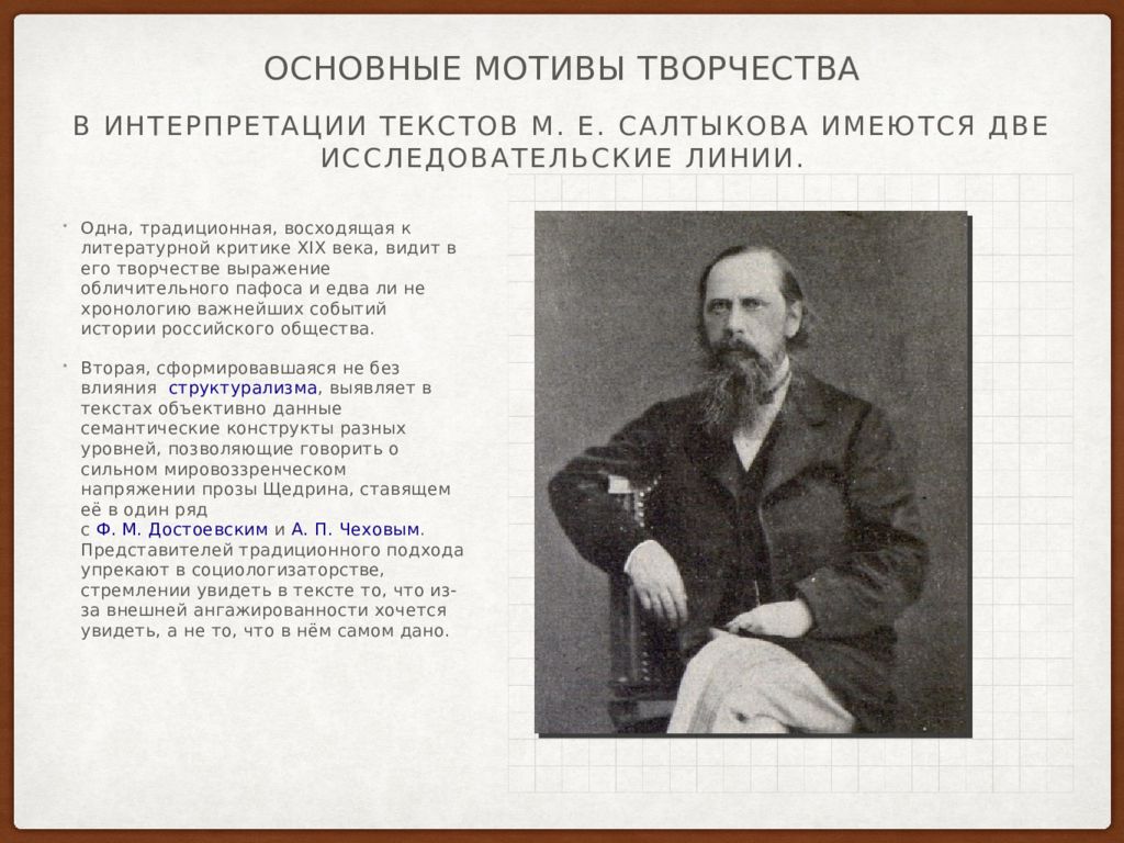 Какие жанры народного творчества использовал щедрин. Мотивы творчества Салтыкова Щедрина. Мотивы Достоевского. Щедрин основные темы творчества. Основные мотивы Достоевского.