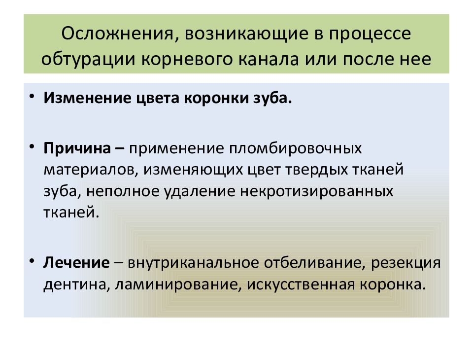 Осложнения, возникающие в процессе обтурации корневого канала или после нее