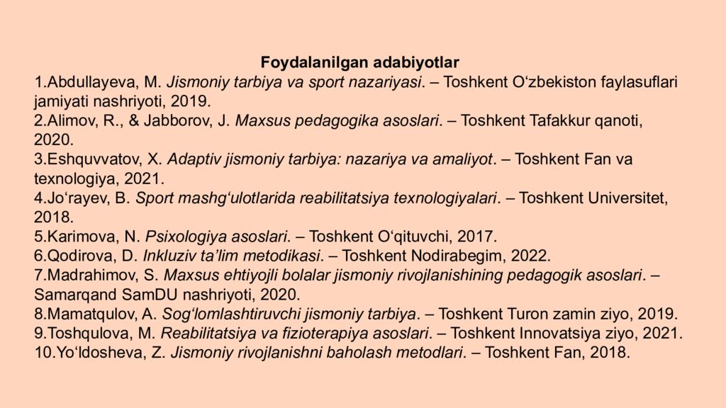 Mavzu:Adaptiv jismoniy tarbiya bo'yicha o'rgatish usullari