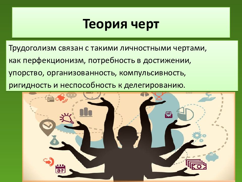 Суть теории черт. Трудоголизм. Трудоголизм как форма зависимого поведения. Теория черт. Организованность достижение.