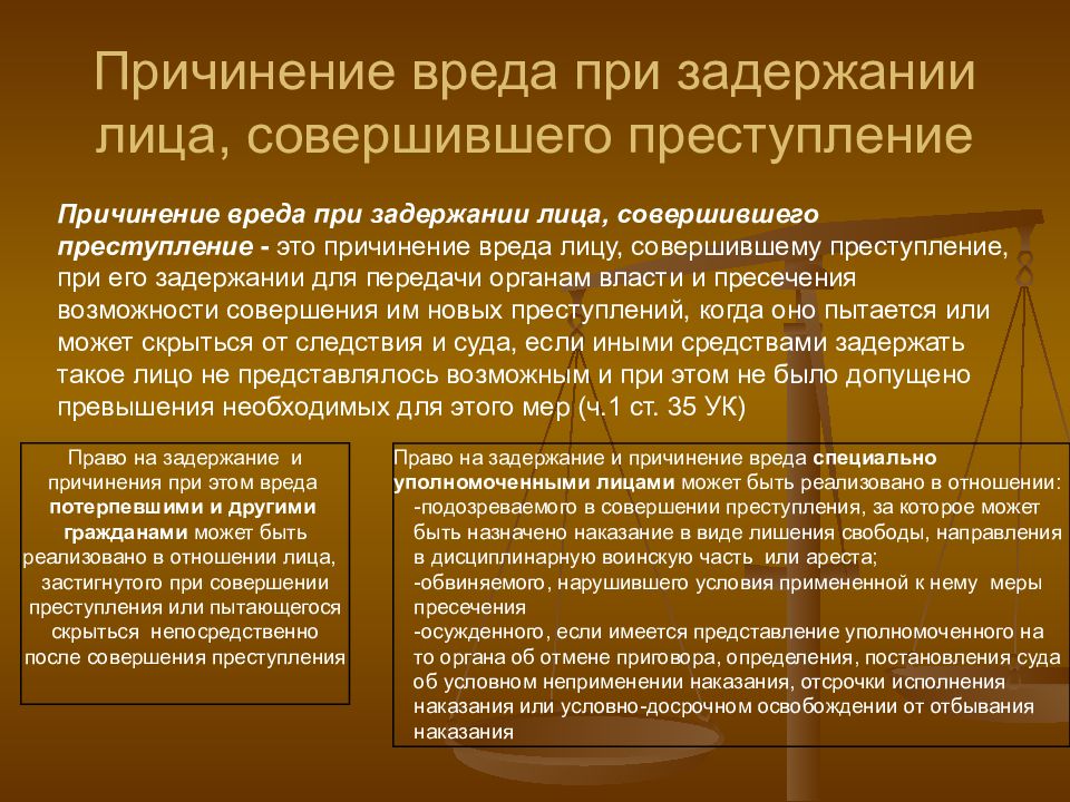 Деяние лица. Причинение вреда при задержании лица совершившего преступление. Задержан е сица совершившего преступление. Условия правомерности при задержании лица. Условия правомерности причинения вреда при задержании.