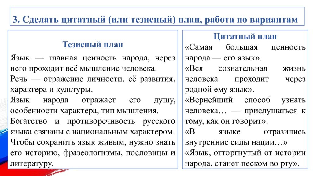 3. Сделать цитатный (или тезисный) план, работа по вариантам