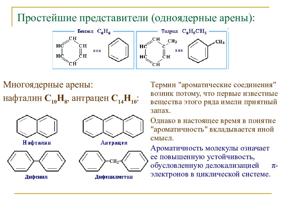 Простейший арен. Многоядерные арены номенклатура. Многоядерные ароматические соединения. Формулы ароматических соединений. Ароматические углеводороды с10н14.