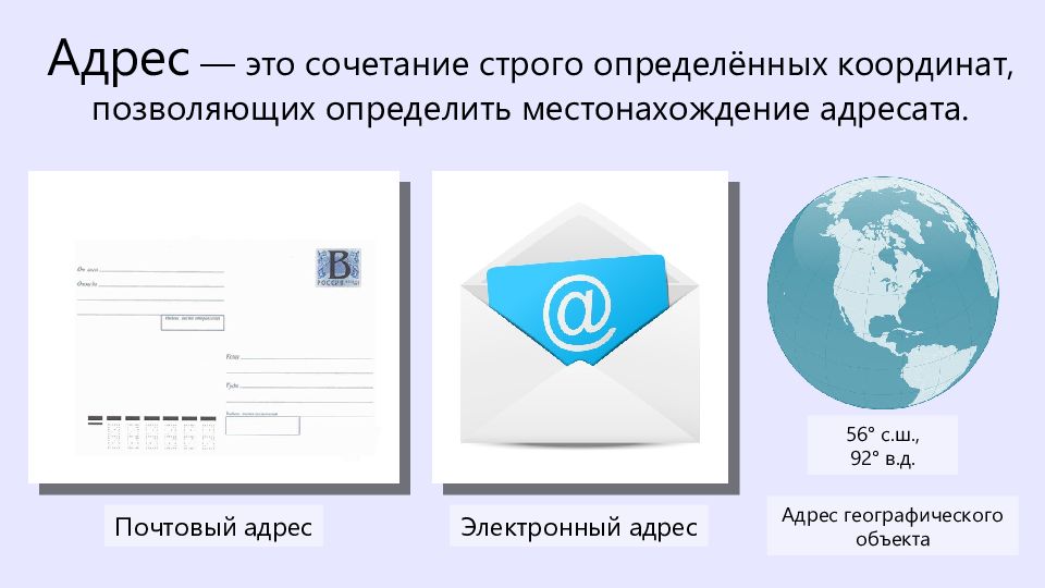 Почтовый адрес Электронный адрес 56° с.ш., 92° в.д. Адрес географического