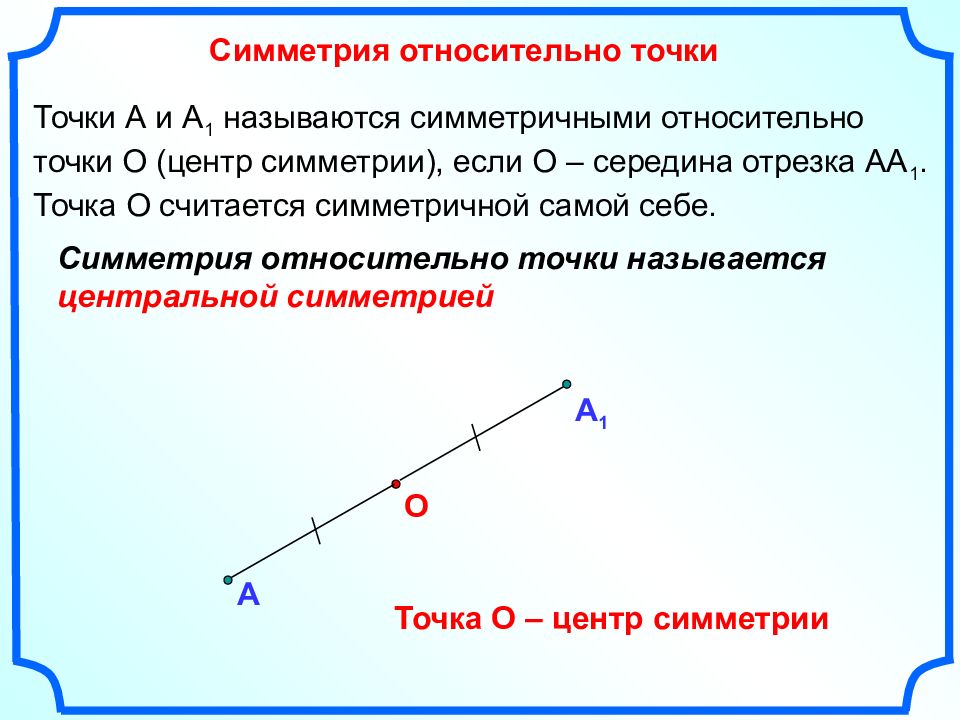 Какие нибудь точки. Центр симметрии отрезка. Симметричные относительно точки. Симметрия точки относительно точки. Симметричность точки относительно точки.