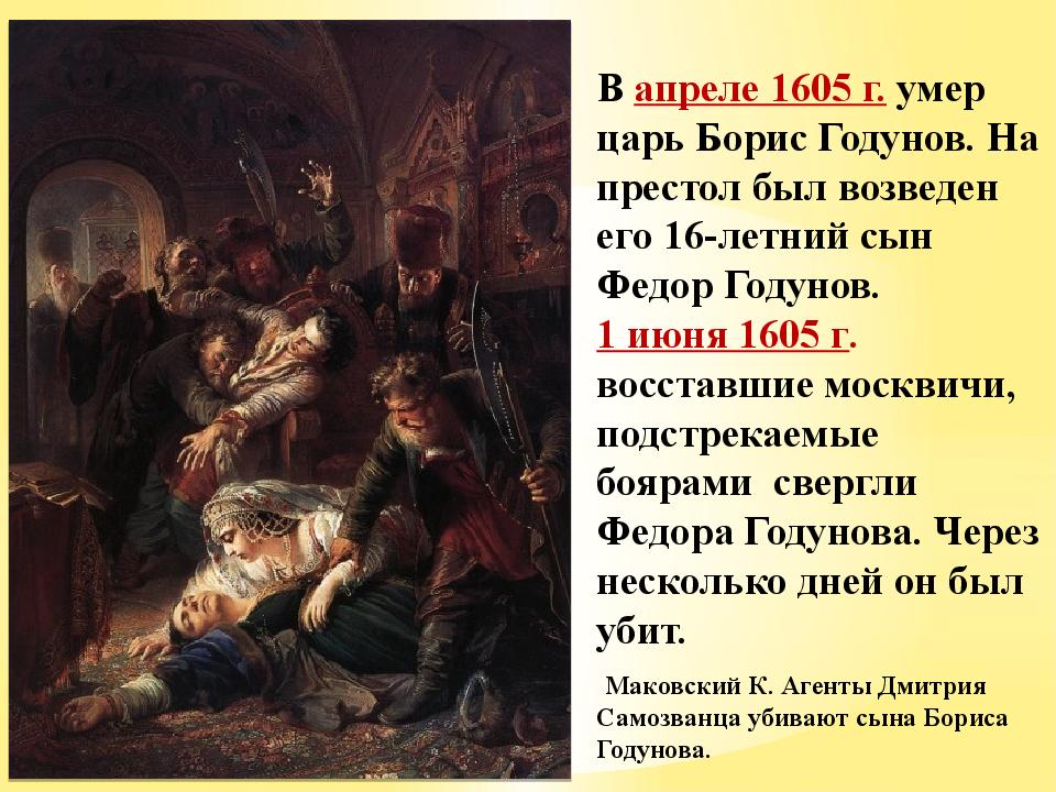 В каком году умер годунов. Маковский агенты Дмитрия самозванца убивают сына Бориса Годунова. Смерть царя фёдора Годунова картины.