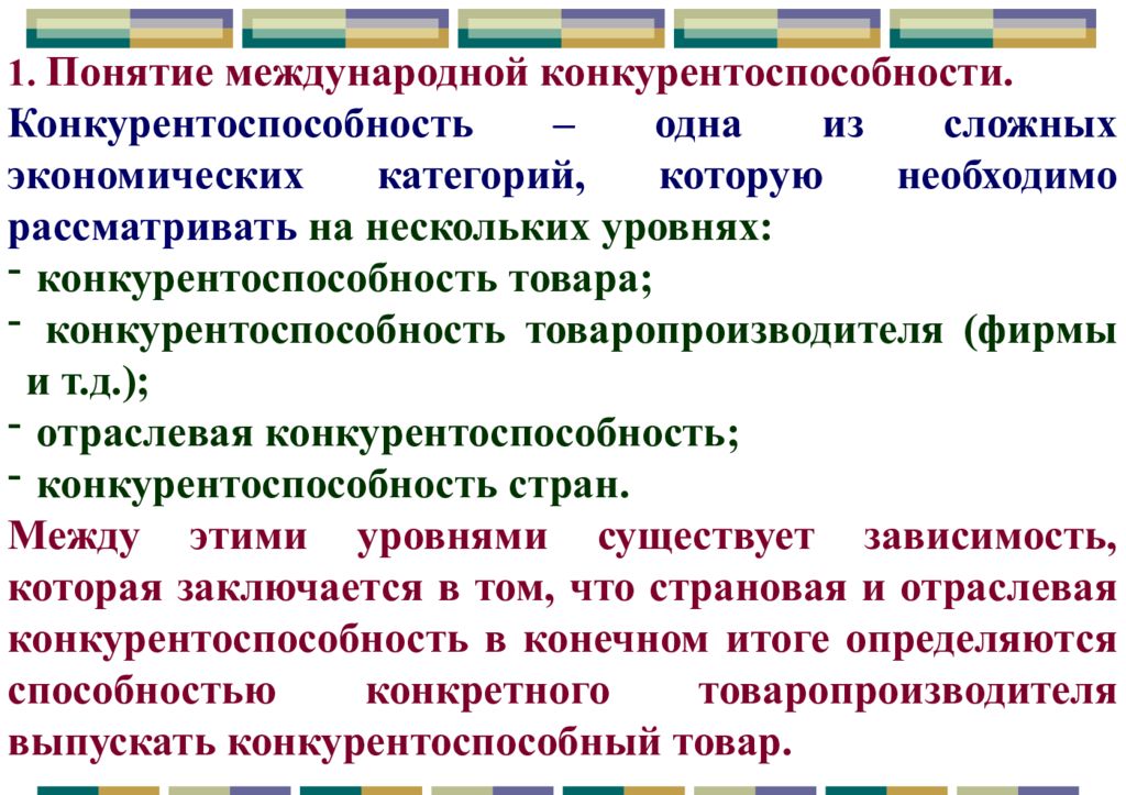 Качественное понятие. Конкурентоспособность в международном бизнесе.