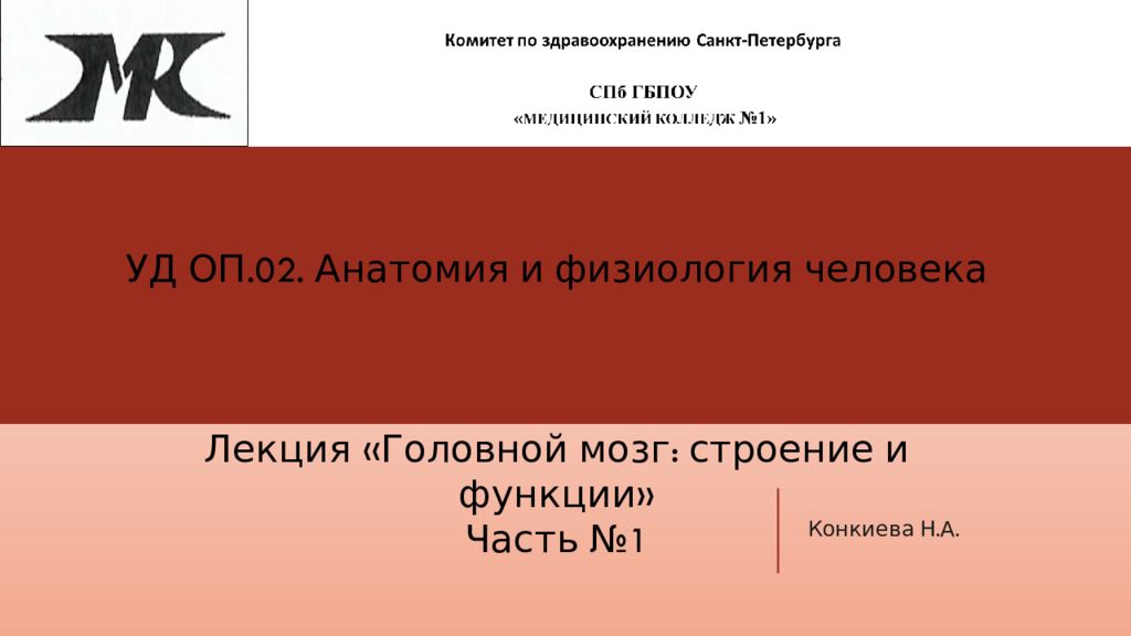 Конкиева Н.А. УД ОП.02. Анатомия и физиология человека Лекция «Головной мозг: