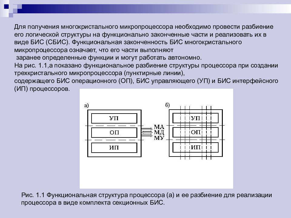 По числу больших интегральных схем бис в микропроцессорном комплекте различают микропроцессоры