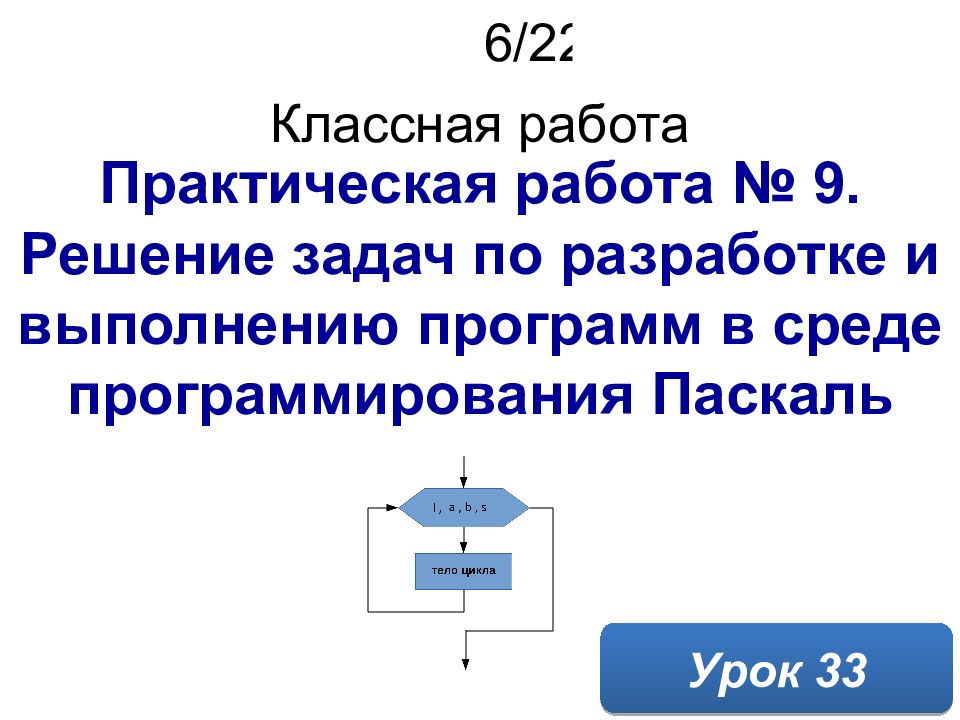 Урок 33 16 мая 2022 г. Практическая работа № 9. Решение задач по разработке и
