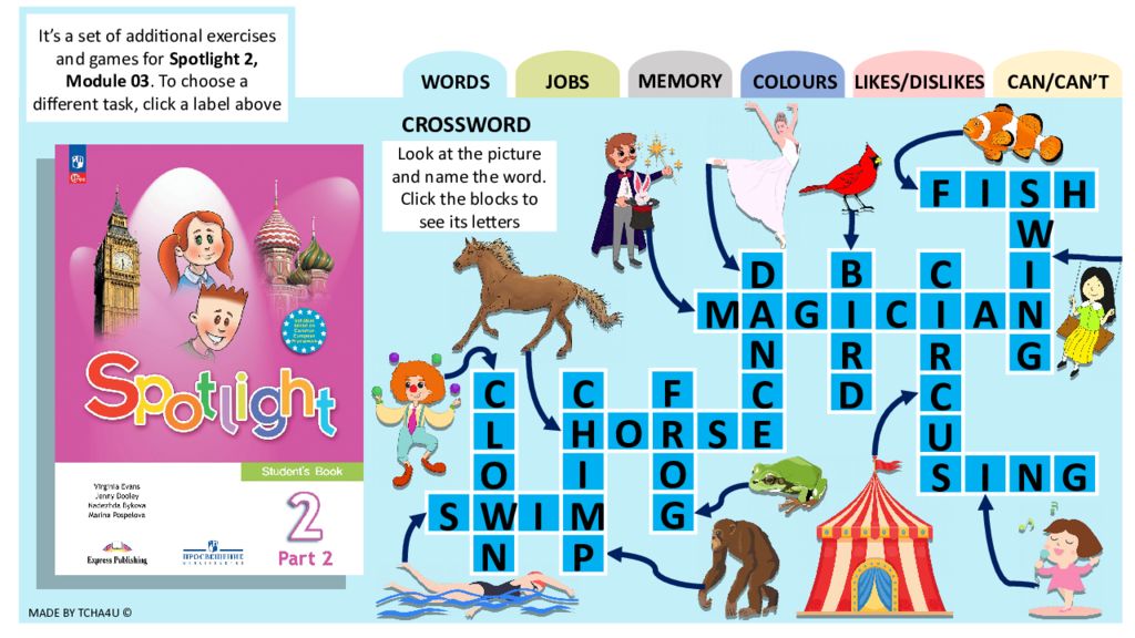 Made by tcha4u © WORDS Jobs Memory COLOURs Likes/dislikes Can/can’t It’s a set