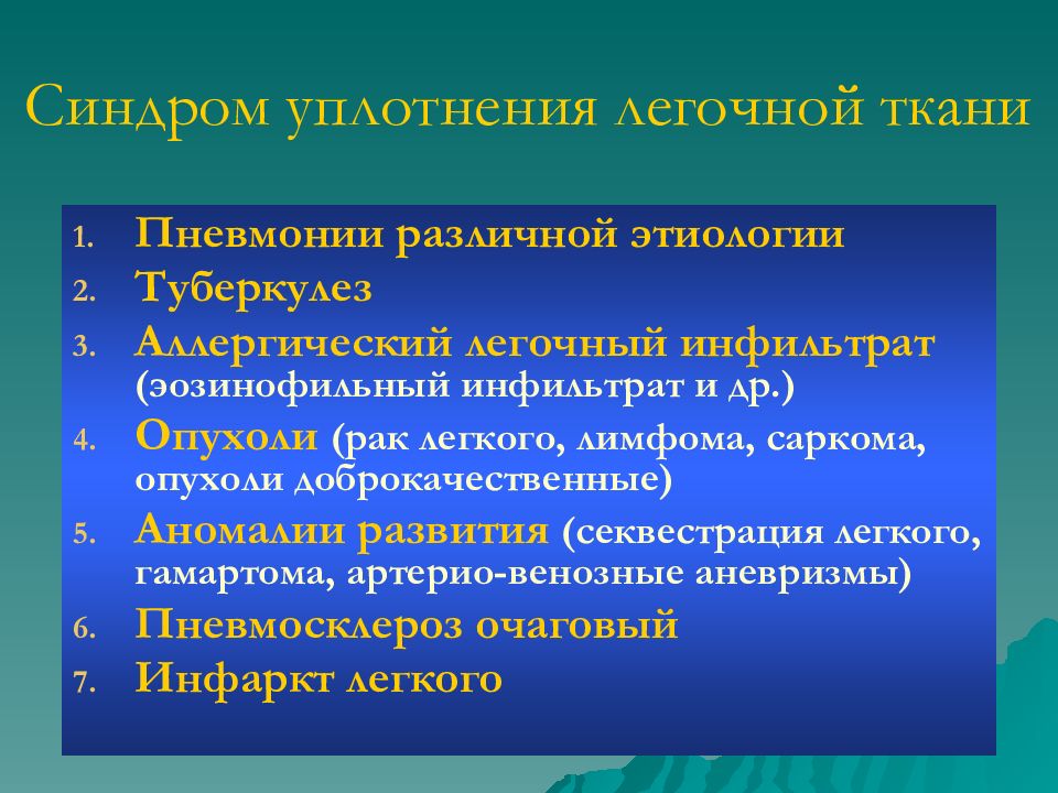 Синдром различного генеза. Синдром уплотнения легочной ткани туберкулез. Синдром уплотнения легочной ткани заболевания. Эозинофильный инфильтрат в легких. Синдром легочного инфильтрата.